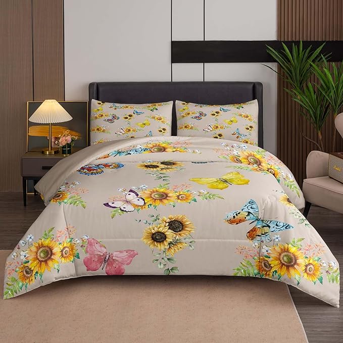 Tailor Shop Sunflower Comforter Sets King Size,Sunflower Bedding Sets for Teens Kids Butterflies Comforter Sets,Butterfly Bedding Sets Vintage Yellow Flowers Bedding Sets with 2 Pillowcases