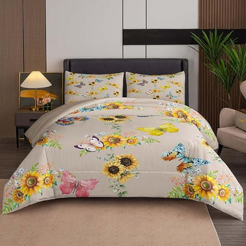 Tailor Shop Sunflower Comforter Sets Twin Size,Sunflower Bedding Sets for Teens Kids Butterflies Comforter Sets,Butterfly Bedding Sets Vintage Yellow Flowers Bedding Sets with 1 Pillowcases