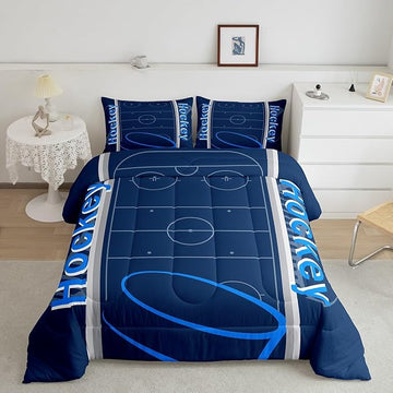 Feelyou Kids Hockey Player Comforter Set Full Size Ice Hockey Bedding Set for Boys Girls Teens Bedroom Decor Ice Sports Games Comforter Puck Hockey Duvet Set with 2 Pillow Case