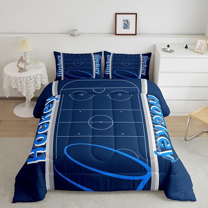 Feelyou Kids Hockey Player Comforter Set Twin Size Ice Hockey Bedding Set for Boys Girls Teens Bedroom Decor Ice Sports Games Comforter Puck Hockey Duvet Set with 1 Pillow Case