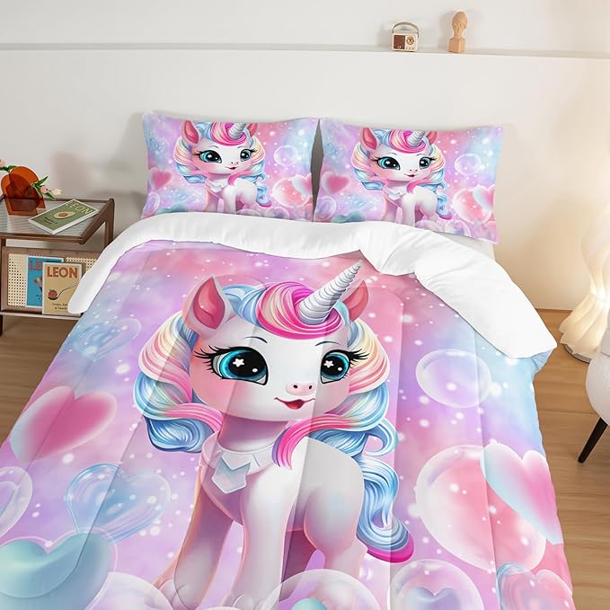 HOSIMA Unicorn Bedding Sets for Girls Teens,Cartoon Kawaii Unicorn Comforter Bubble and Love Heart Bedding Set,Fantasy Unicorn Bedroom Decor for Girls Pink Purple Queen Comforter Set.