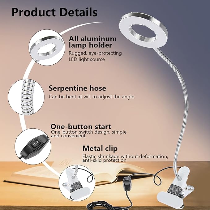 Tattoo Lamp USB LED Ring Lamp, Beauty Table Lamp with Clamp Adjustable Brightness, Clip On Light Desk Lamp Ring Light for Makeup Tattoo Eyebrow Nail Art Reading Study, Portable Beauty Lamp