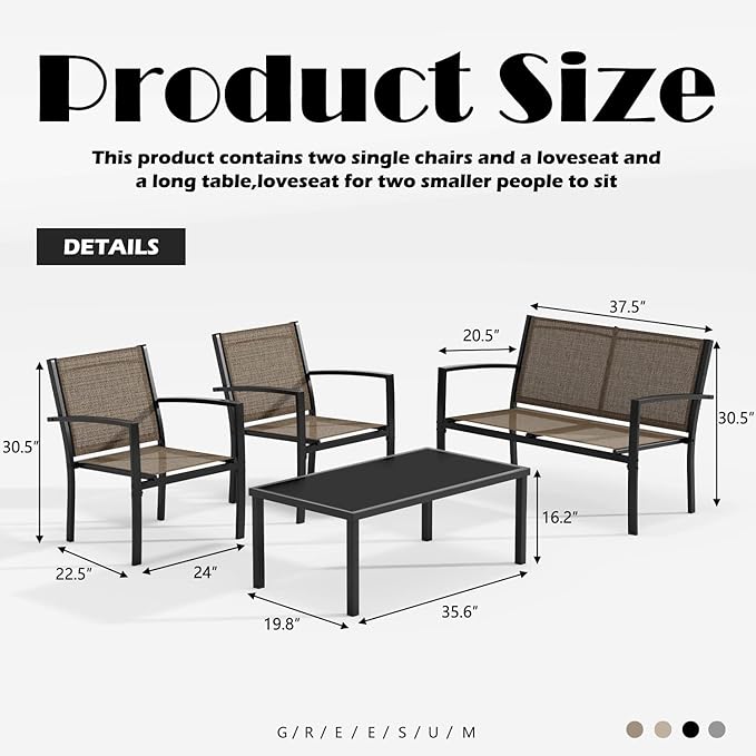 Greesum 4 Pieces Patio Furniture Set, Outdoor Conversation Sets for Patio, Lawn, Garden, Poolside with A Glass Coffee Table, Brown