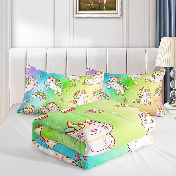 Datura home Kids Unicorn Comforter Set for Girls Boys,Kawaii Rainbow Unicorn Printed Pattern Rainbow Kawaii Bedding Set with 2 Pillowcases(Rainbow Unicorn Queen)