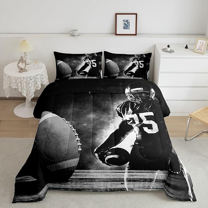 Erosebridal Football Down Comforter for Kids Boys Girls Teens Sports Theme Comforter Set Soccer Pattern Duvet Insert Football Match Bedding Set Youth Bedroom Decor Quilted with 2 Pillowcase,Queen