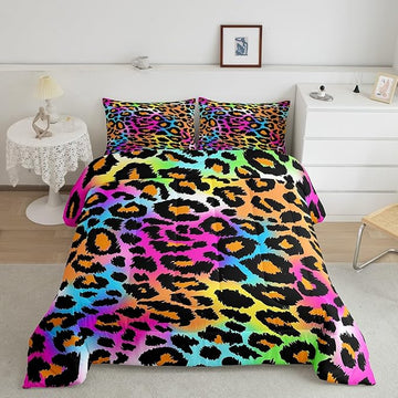 Leopard Print Comforter Set for Girls Kids Women Neon Rainbow Leopard Fur Bedding Set Mottled Exotic Panthera Skin Comforter Room Decor Colorful Camouflage Safari Theme Duvet Set Full Size Quilt Set