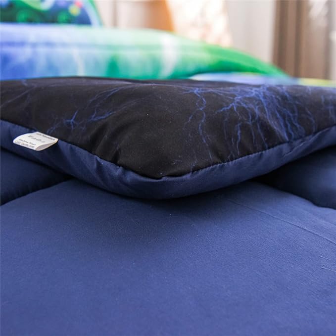Meeting Story Gamer Gaming Bedding Sets Red Blue Lightnings Gamepad Comforter Set for Boys Games Console Action Buttons Novelty Colorful Modern Room Decor Home Quilt Set (Blue-Green, Full 5Pcs)