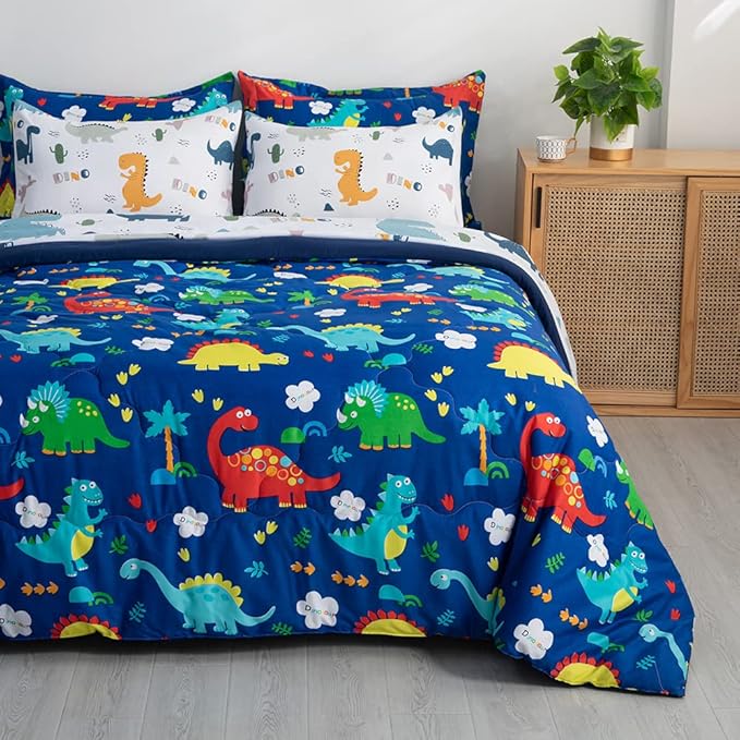 Wajade 7 Piece Kid Boys Dinosaur Comforter Set Queen Size 3D Blue Dinosaur Wild Park Jungle Print Bedding Set with Comforter, Sheet Set, Pillowcase and Sham