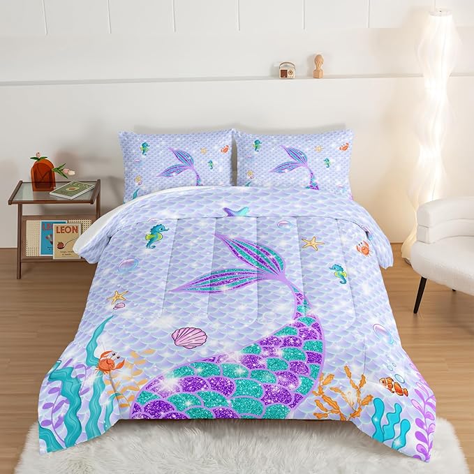 HOSIMA Mermaid Tail Comforter Set 3Pcs with 2 Pillowcases,Purple Fish Scales Bedding Set Cartoon Ocean Life Sea Animal Twin Comforter Set for Girls Kids Women,Mermaid Room Decor