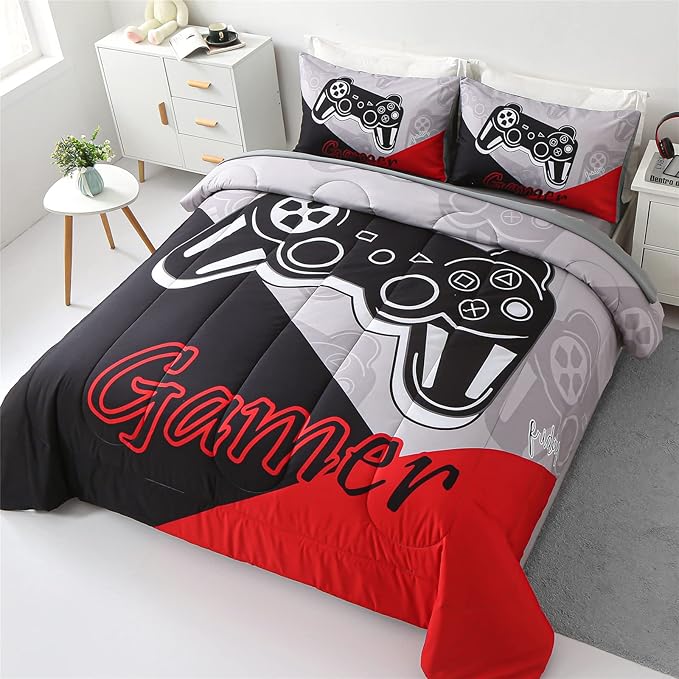 KAKKI 5 Piece Boys Full Gamer Comforter Set with Sheets, 3D Colorful Video Game Controller Comforter for Kids Teen, All Season Soft Microfiber Gaming Bedding Set(Red,Full)
