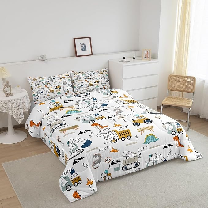 Feelyou Construction Bedding Set Queen Size Equipment Trucks Comforter Set for Kids Boys Girls Decor Dinosaur Comforter 3D Digital Print Yellow Duvet Set Bedroom Quilt Set