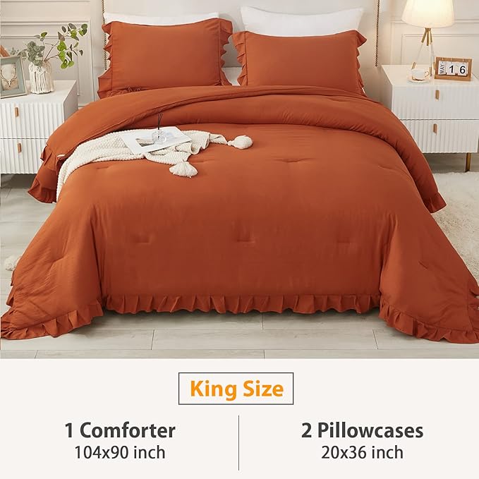 Andency Terracotta Ruffle Comforter King(104x90Inch), 3 Pieces(1 Ruffled Comforter and 2 Pillowcases) Solid Farmhouse Shabby Chic Comforter, Vintage Rustic Soft Microfiber Bedding Set