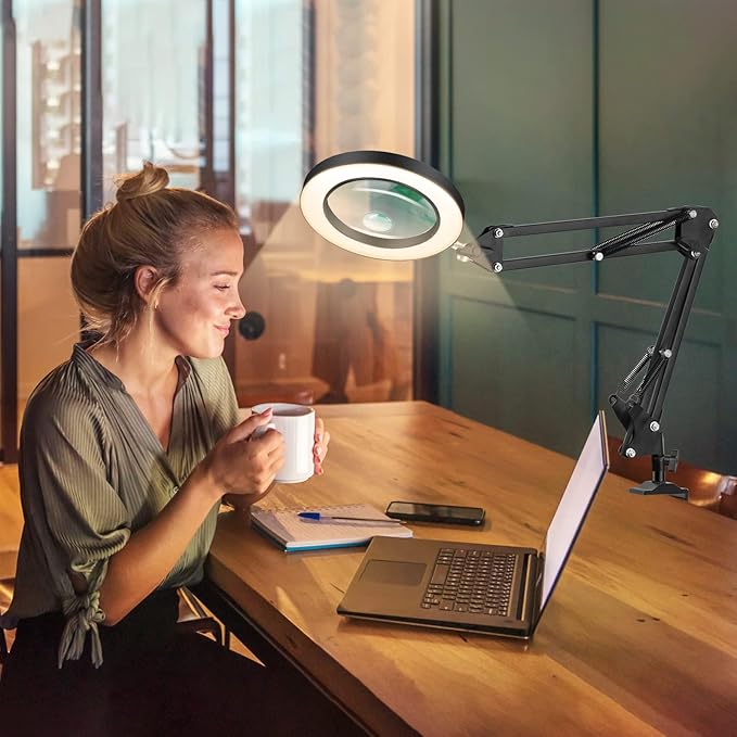 Magnifying Glass with Light and Stand,2-in-1 Lighted Magnifier Deskop lamp with Clamp,5X&10x Real Glass 3 Color Stepless Dimmable Magnifying Desk Lamp for Close Works Reading Crafts Hobby Soldering