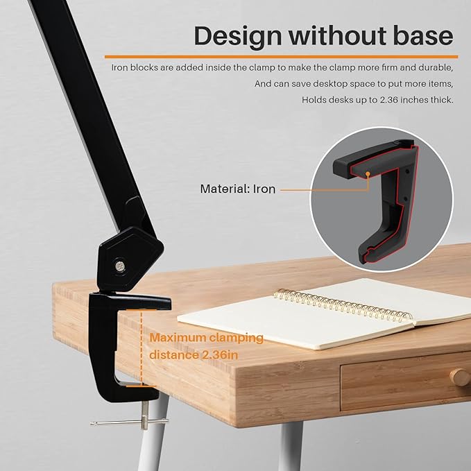 LED Architect Desk Lamp with Clamp, Metal Swing Arm 2000 Lumens Dimming Office Table Lamp for Task Work Drafting Reading Desktop, 234PCS Bright LEDs, 24W, 5 Color Temperatures Workbench Lamp