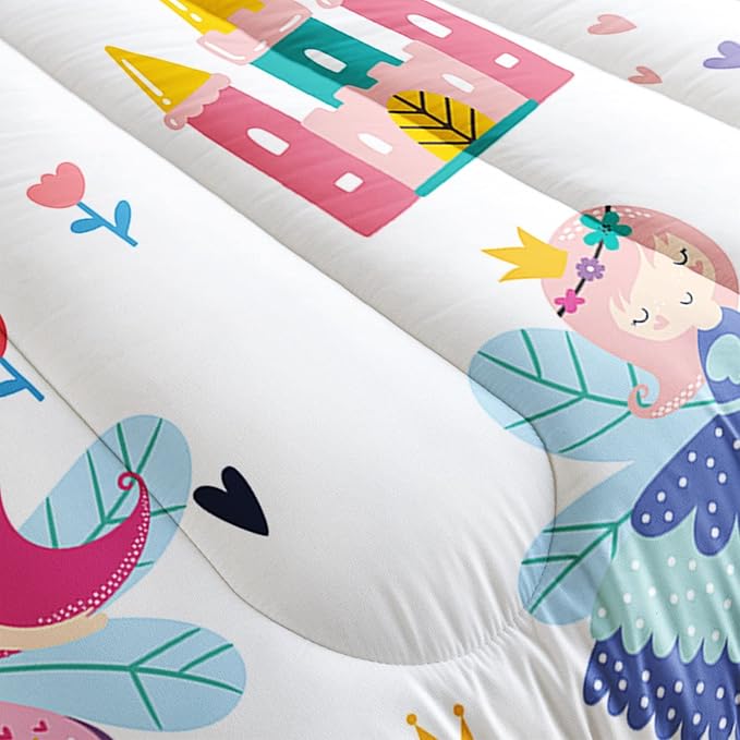 Datura home Girls Bedding Comforter Set Little Princess and Rainbow Castle Printed Pattern Quilt Bedding Set with 1 Comforter and 2 Pillowcases for Girls Bedroom All Season(Princess Twin)
