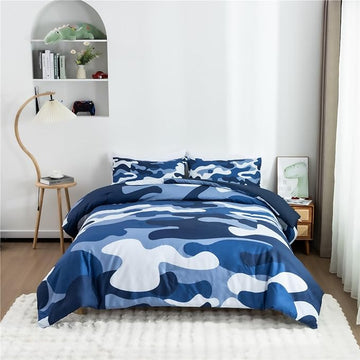 Meeting Story Camouflage Bedding Set, Colorful Pattern Style Comforter Set, 3 PCS One Comforter Two Pillowcases Two Sheets in One Bag, All Season Bedspread for Teens Adults (Navy,Twin