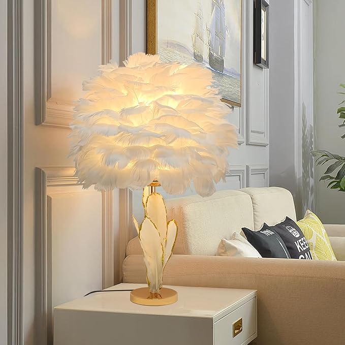 ZYLEIESENBAO Feather Desk Lamp Creative Girls Bedroom Decoration Lamp Modern White Feather Table Bedside Lamp Cute 12'' for Living Room Wedding Childrens Room