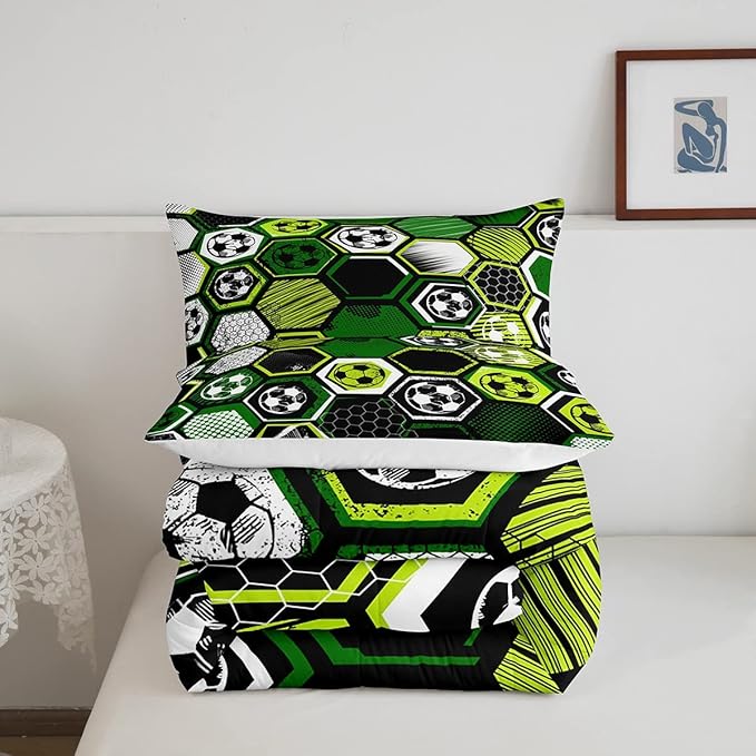 Erosebridal Boys Football Comforter Set Full Soccer Sports Bedding Set Twin for Kids Teen,Geometric Honeycomb Down Comforter Hexagon Beehive Quilt Duvet Duvet Insert Green Black White 2 Pillow Cases