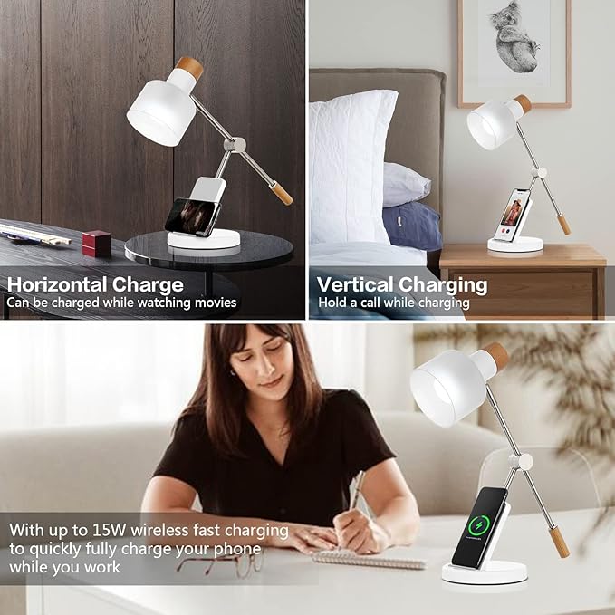 LED Desk Lamp, 180° Adjustable Desk Lamp for Home Office, Swing Arm Dimmable LED Table Lamp with Wireless Charger for Table Bedside Home Office Study, 6500K, 7W