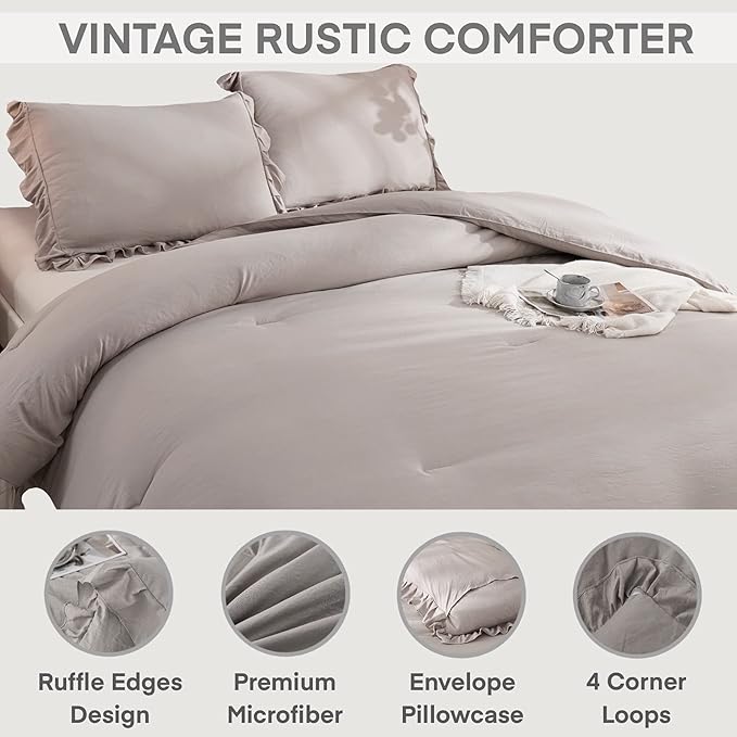Andency Wheat Ruffle Comforter Set, 2 Pieces Kids Comforter Set Twin(66x90Inch), Farmhouse Shabby Chic Comforter Set, Soft Microfiber Kids Bedding Set