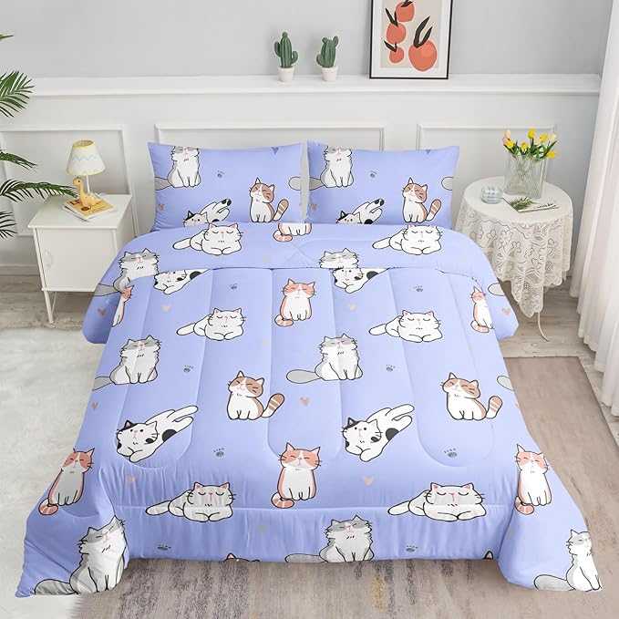 Datura home Purple Kawaii Cat Comforter Bedding Set for Girls Kitten Purple Print Cute Animal Pattern Bedding Set with 1 Comforter and 2 Pillowcases for Girls Bedroom All Season(Cat Purple Full)