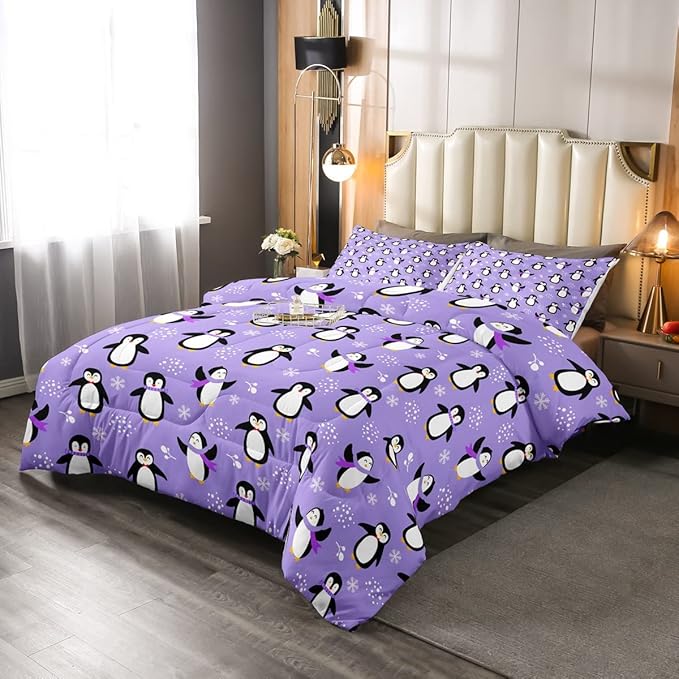 Penguin Comforter Set Queen Size Kawaii Penguin Down Comforter Antarctic Animal Bedding Set for Kids Boys Girls Teens Cartoon Cute Winter Quilt Set Snowflake Pattern Duvet Set Room Decor, Purple