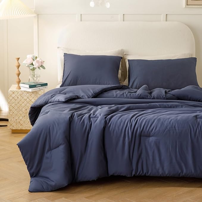 ROSGONIA Twin Comforter Set for College Boys Girls Navy Blue, 1 Boho Blue Comforter & 1 Pillowcase, Lightweight Kids Comforter Soft Dorm Bedding