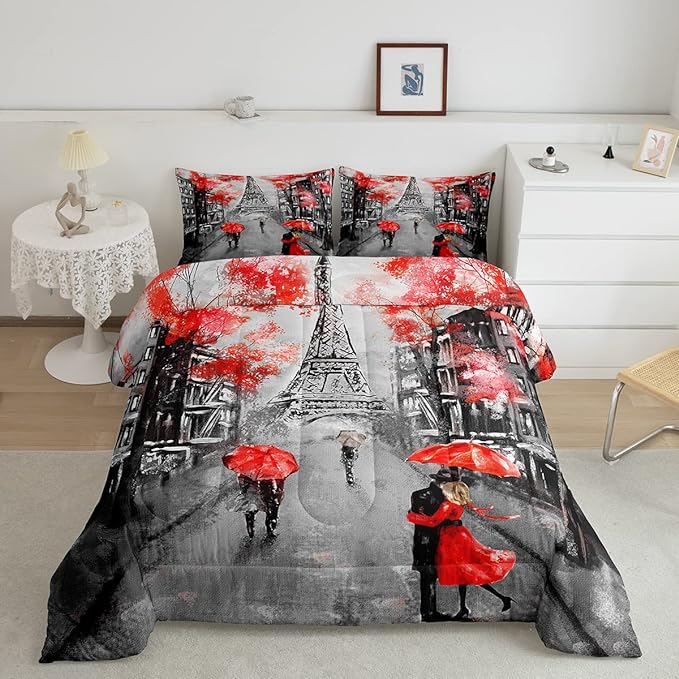 Red Paris Eiffel Tower Comforter Set Queen Size French Style Couple Lover Flower Bedding Sets For Girls Women Kids Quilted Duvet 1 Comforter + 2 Pillow Cases Romantic Bedroom Decor, Grey Black