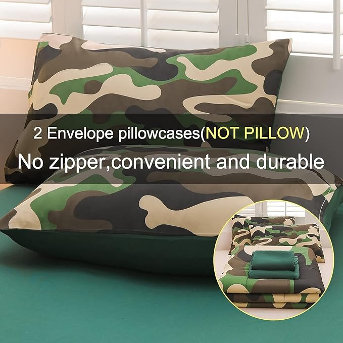 Meeting Story Camouflage Bedding Set, Colorful Pattern Style Comforter Set, 5 PCS One Comforter Two Pillowcases Two Sheets in One Bag, All Season Bedspread for Teens Adults (Green, Queen 5Pcs)