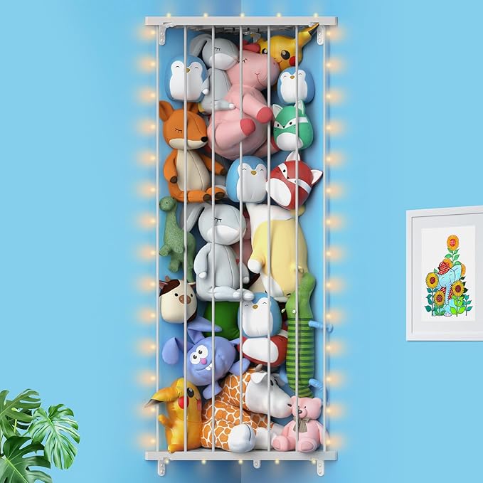 Stuffed Animal Storage Toy Organizer: Corner Stuff Animals Holder for Wall with LED Light - Kids Plush Toys Storage with Adjustable Length for Nursery Playroom Bedroom Kids Room(Gray)