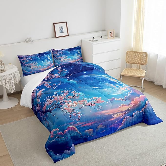 Manfei Cherry Blossoms Comforter Set King Size,Moonnight Cloud Starry Sky Bedding Set,Girls Women Room Decor,Sakura Flowers Chinese Style Down Comforter,Pink Blue Romantic Duvet Insert,2 Pillowcases