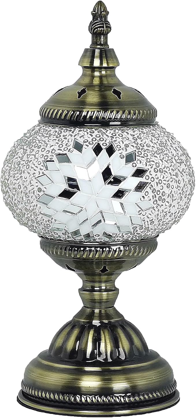 Turkish Mosaic Lamp Bohemian Tiffany Style Moroccan Bedside Lamps for Bedroom (White)