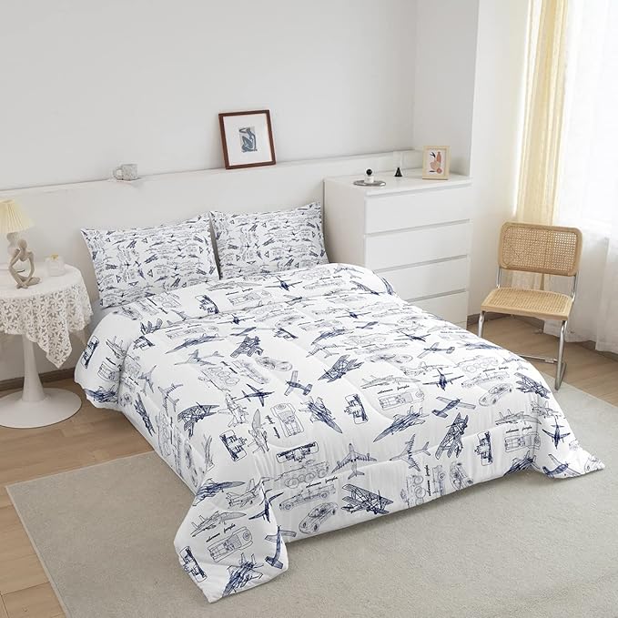 Feelyou Aircraft Bedding Set Kids Airplane Print Comforter Set Boys Girls Decor Aircraft Flying Comforter Sketch Blue White Duvet Set Quilt King Size Boys