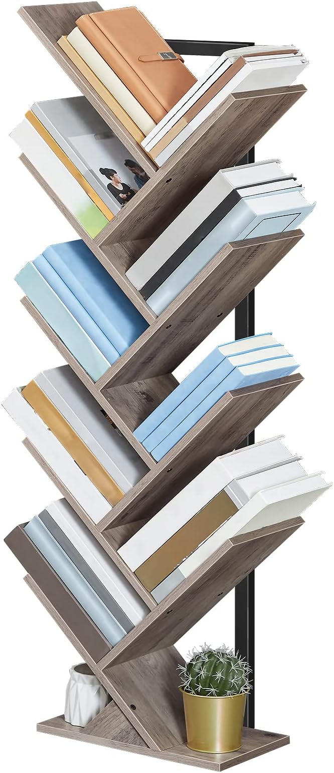 HOOBRO Tree Bookshelf, 9-Tier Bookcase Wooden Shelves, Floor Standing Storage Rack, for Display of CDs, Books in Living Room, Home Office, Wood Storage Rack for Bedroom, Greige BG08SJ01G1