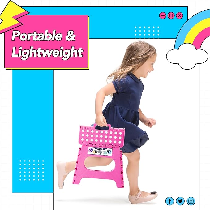 Delxo Folding Step Stool,11 Inch Non-Slip Foldable Step Stools for Kids and Adults,Portable Foldable Step Stool Lightweight Small Folding Stool with Handle for Kitchen Bathroom in Pink,1 Pack