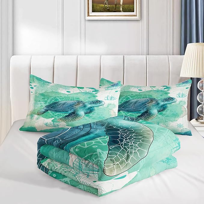 CVHOUSE Sea Turtle Bedding Set,Sea Turtle Comforter Twin,Ocean Bohemia Comforter Set for Boys Kids Girls,Ocean Quilt Set with 1 Comforter and 2 Pillow Cases