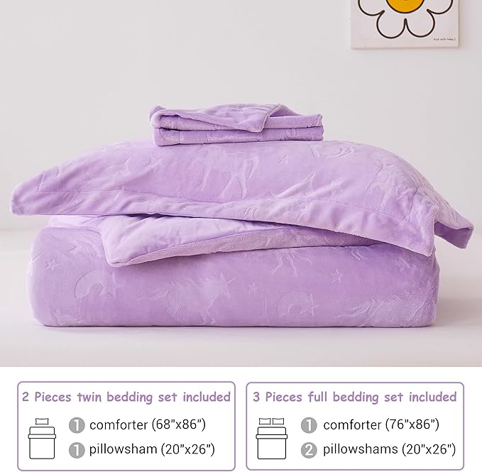 Mooreeke Twin Kids Comforter Bed Set, Embossed Plush Fleece Soft & Warm 2 Piece Bed in A Bag with Shams, Velour Velvet Purple Unicorn Girls Kids Bedding Set, Fluffy Fuzzy Polar Cozy and Stylish