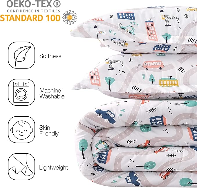 JSD Car Kids Printed Comforter Set for Boys Girls, 3 Pieces Queen Microfiber Comforter with Pillow Sham, Soft Comfortable Machine Washable