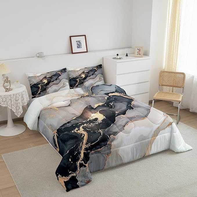 Erosebridal Black Marble Bedding Set King,Black and Grey Marble Comforter Set Men Teens Boys Modern Gray Orange Abstract Art Tie Dye Down Comforter Kids Gothic White Gold Marble Duvet Insert Soft