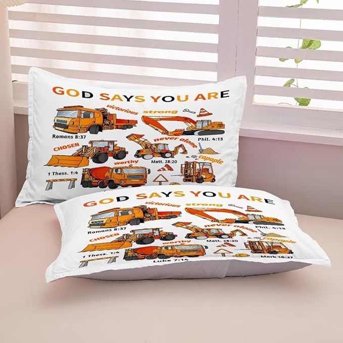 Kids Construction Vehicles Truck Comforter for Boys Full,Cartoon Car Excavator Tractor Bedding Set,Construction Christian Spirational Quotes Comforter with 2 Pillowcases White