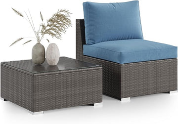 Wisteria Lane 2 Pieces Patio Furniture Sets, Outdoor Sectional Furniture with Armless Sofa, Tempered Glass Table and Cushion, Patio Conversation Sets for Garden Backyard, Blue