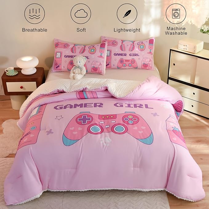 Video Game Queen Size Comforter Set for Girls Kids Teens 3D Gaming Controller Pattern Gamepad Print Bedding Set- 3 Piece Pink Quilt with 2 Pillowcases (90"x90")