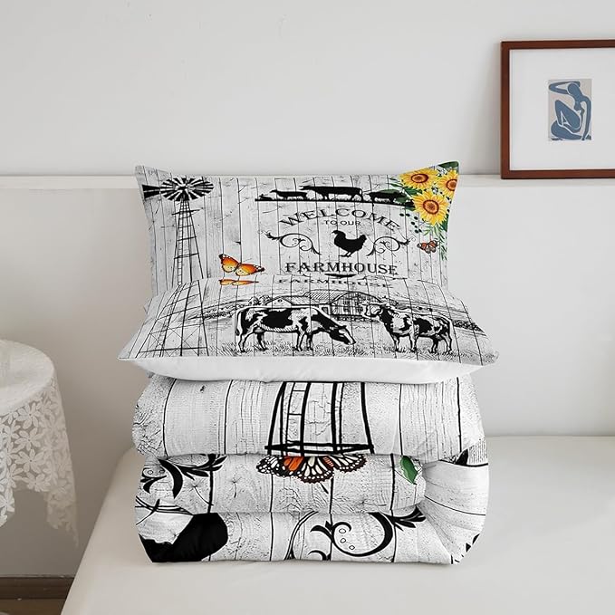 Erosebridal Windmill Bedding King Size, Rustic Farmhouse Comforter Set Retro Vintage Windmill Bedding Comforter Sets, Wooden Planks Barn Door Down Comforter with 2 Pillowcases for All Season