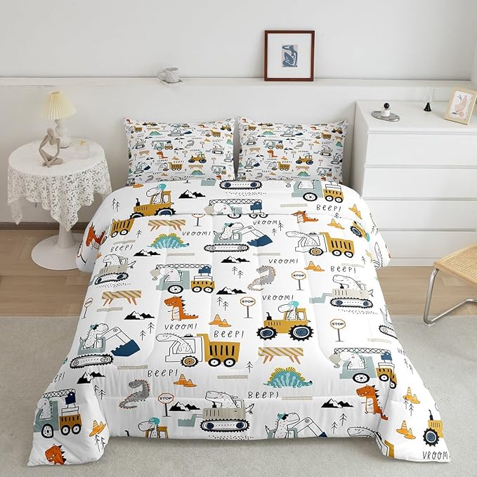 Feelyou Construction Bedding Set King Size Equipment Trucks Comforter Set for Kids Boys Girls Decor Dinosaur Comforter 3D Digital Print Yellow Duvet Set Bedroom Quilt Set