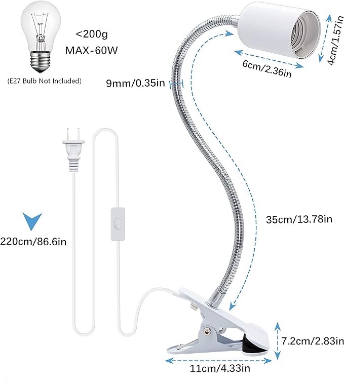 Clip Desk Lamp Socket 2 Pack Flexible Desk Light Socket Gooseneck Clip on Light Flexible Lamp with Clamp Adjustable Light Stand Clamp Lamp Night Light Reading Book Light