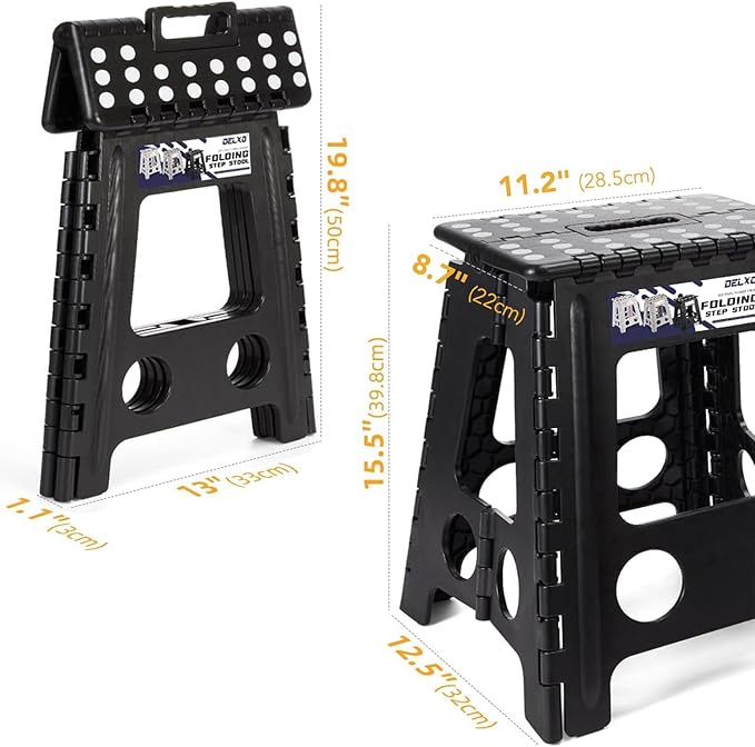 Delxo 16” Folding Step Stool in Black,1 Pack Premium Heavy Duty Foldable Stool for Adults,Portable Collapsible Plastic Step Stool,Non Slip Folding Stools for Kitchen Bathroom Bedroom Up to 400LBS