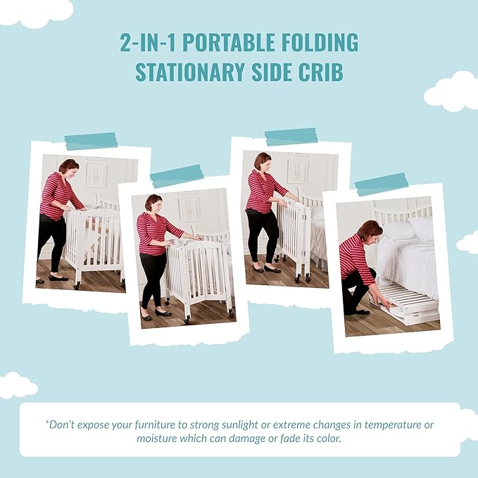 2-in-1 Portable Folding Stationary Side Crib in Dusty Pink, Greenguard Gold Certified, Two Adjustable Mattress Height Positions,Made of Solid Pinewood, Flat Folding Crib