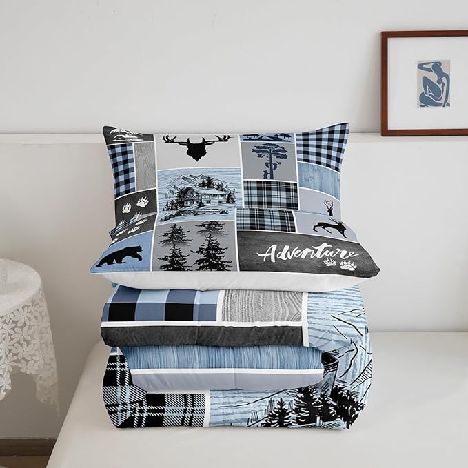 Manfei Deer Antler Comforter Set Queen Size,Bear Paws Rustic Farmhouse Xmas Bedding Set for Kids Boys Girls Adults Room Decor,Plaids Patchwork Adventure Down Comforter,Blue Duvet Insert,2 Pillowcases