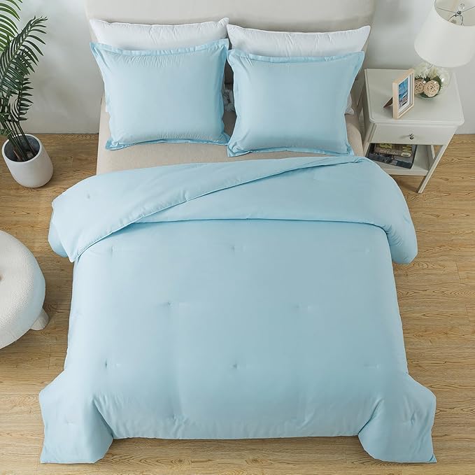 Baby Blue Comforter Set Twin Size, Solid Lightweight Down Alternative Soft Boho Bedding Comforter Set, Breathable Fluffy Microfiber Skin-friendly Comforter (68"x90") for All Seasons