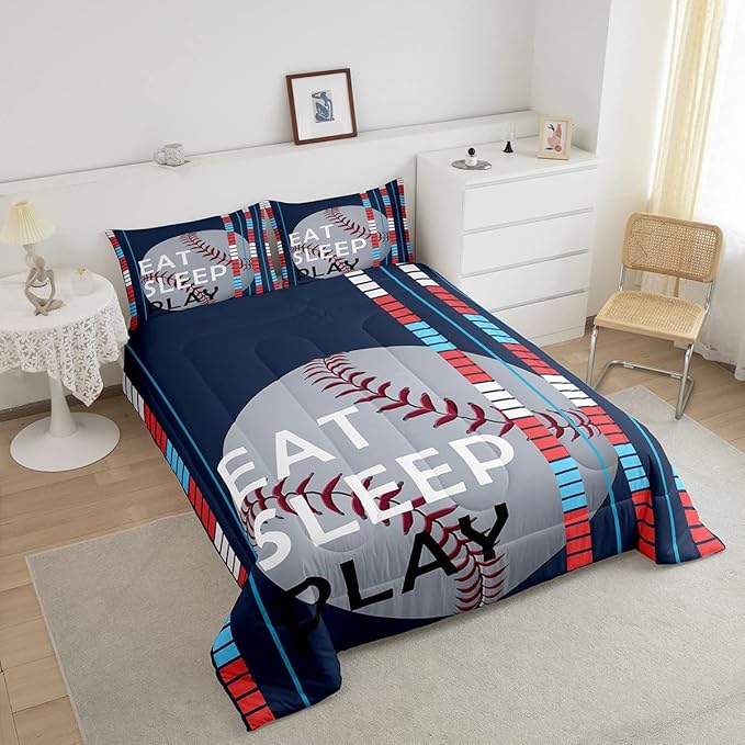 Feelyou Baseball Comforter Set Sports Game Bedding Set for Boys Girls Baseball Gaming Blue Stripe Comforter Gift for Baseball Softball Lover Room Decor King Size Quilt Boys